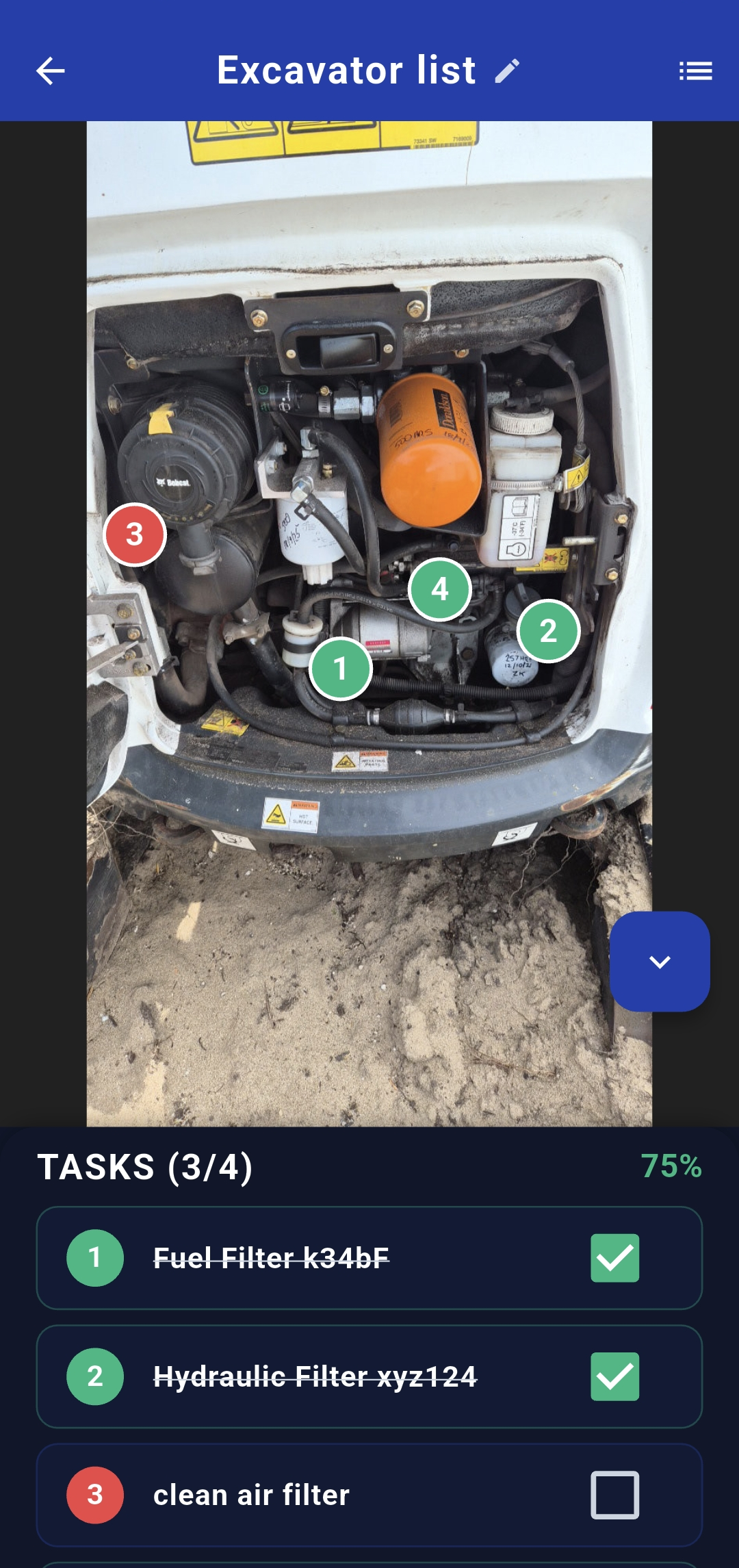 Engine bay with green completed markers