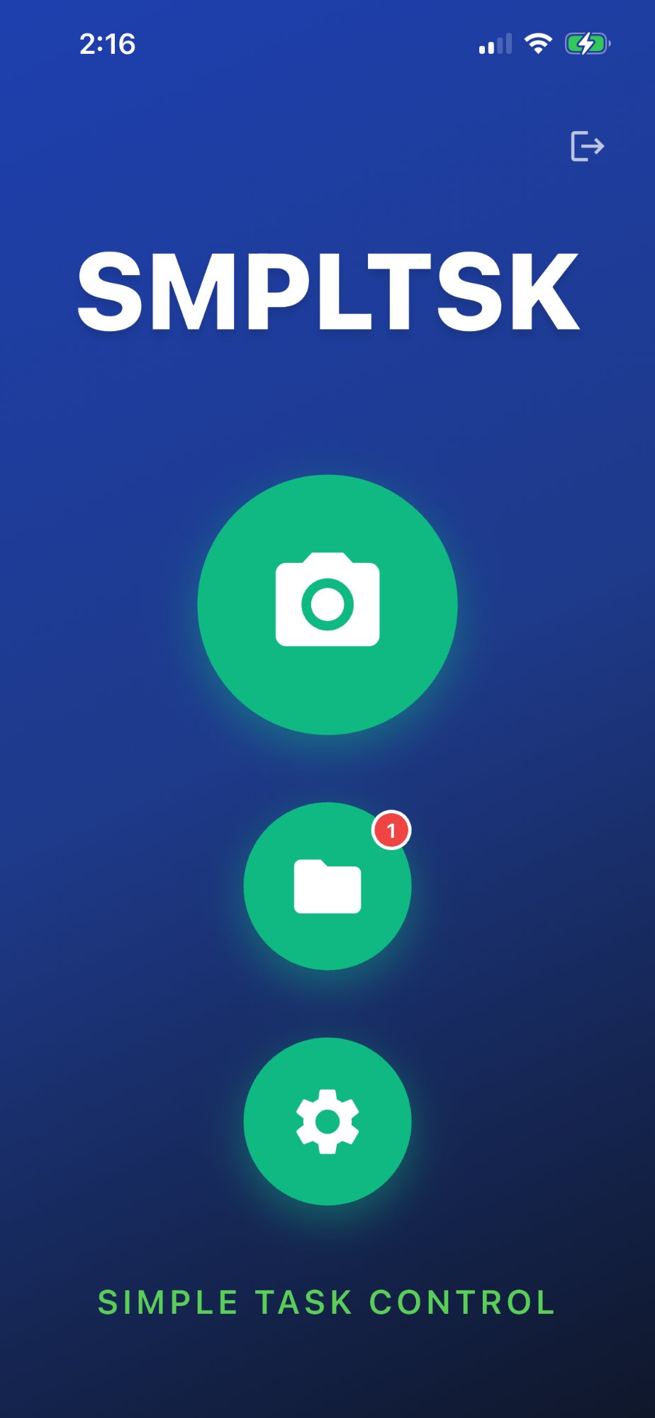 SMPLTSK home screen — three simple buttons, no login required