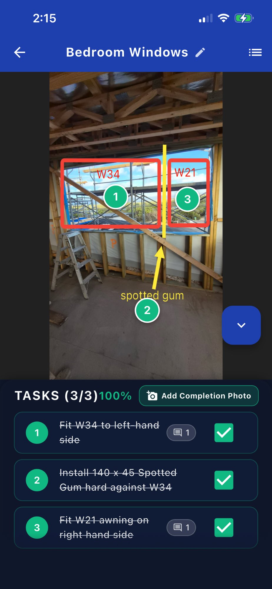 SMPLTSK — all tasks complete, markers green, 100% done