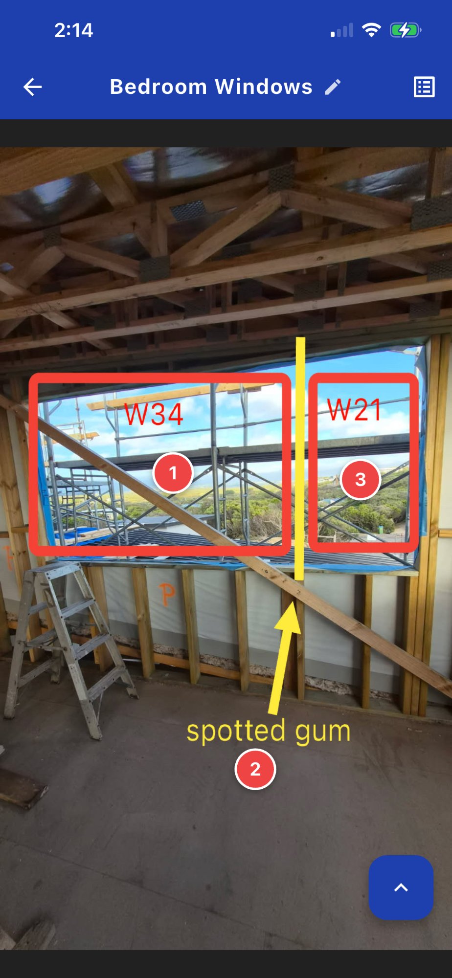 SMPLTSK drawing tool — yellow annotation lines and red markers on a real site photo