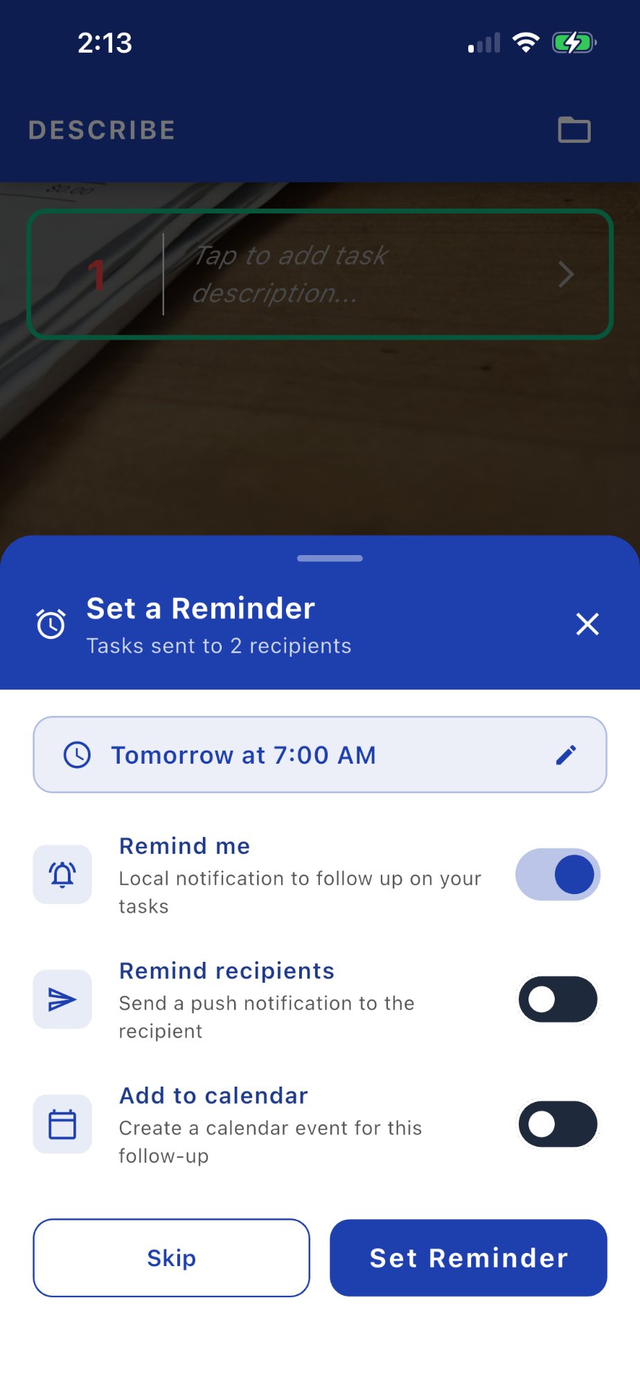 SMPLTSK Set a Reminder screen — remind yourself and your recipients with one tap